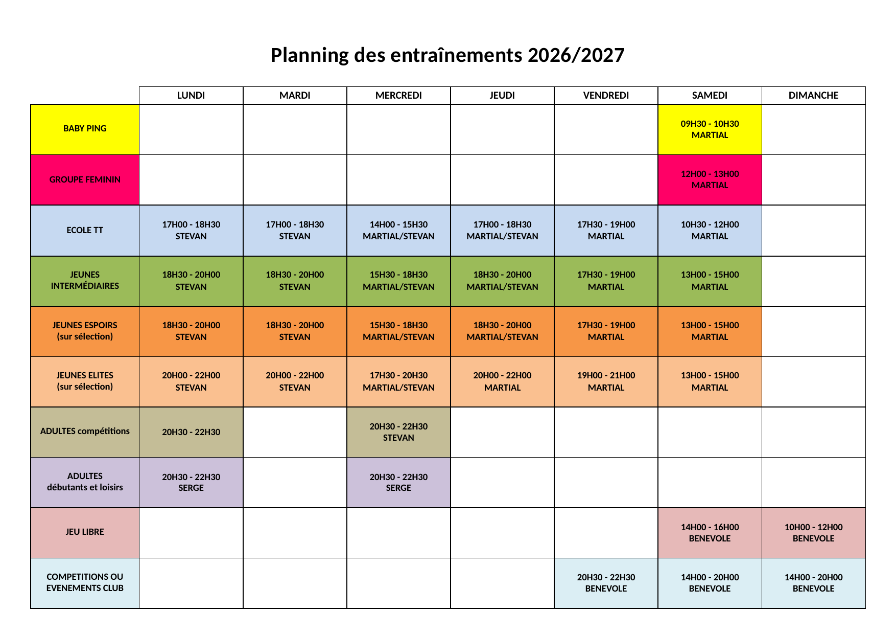 Planning des entrainements de l'USMRTT